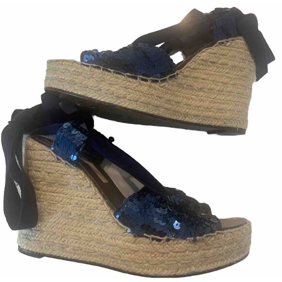 MARC by MARC JACOBS Wedge Women size 39 US 8.5 Blue Sequin Espadrille Heel Shoes - Picture 1 of 7